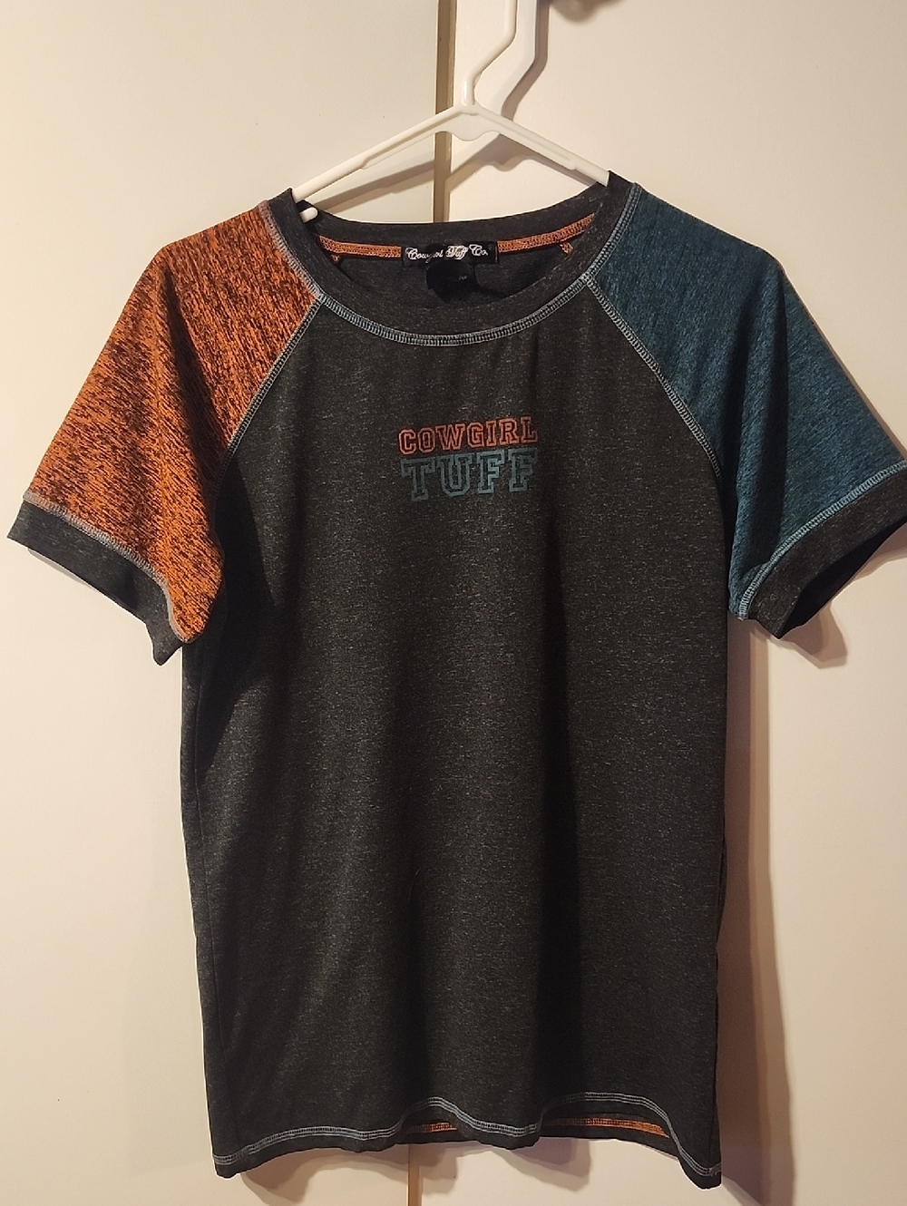 Cowgirl Tuff Kids Short Sleeve Tee in Charcoal with Orange & Teal Sleeves